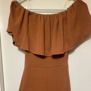 Brown Ribbed Ruffle-top Jumpsuit